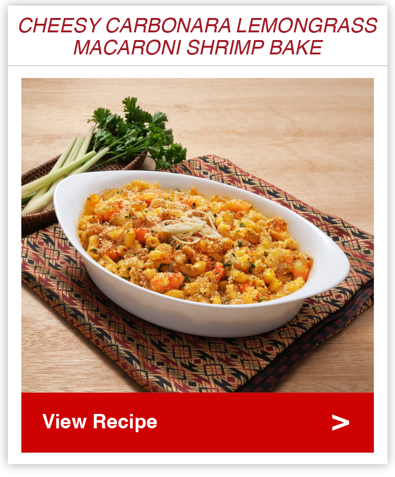 Cheesy Carbonara Lemongrass Macaroni Shrimp Bake